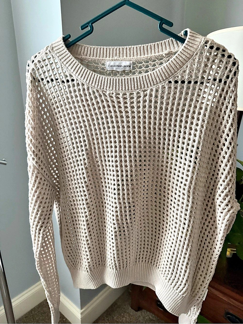 Calvin Klein Jeans Open Knit Crewneck Sweater in Beige Like New